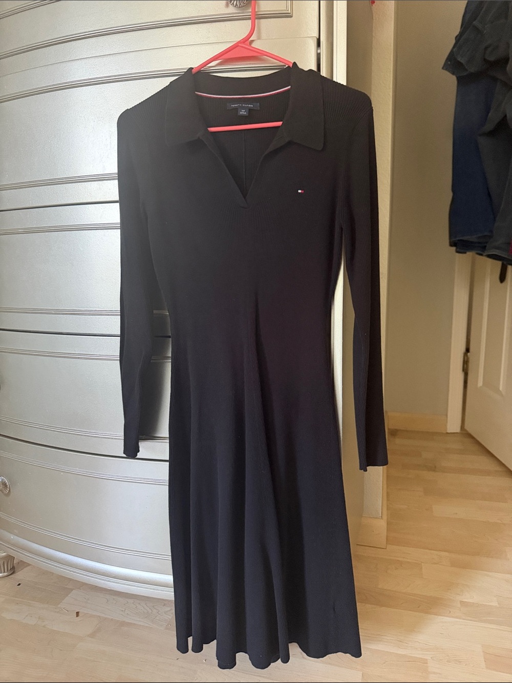 Tommy Hilfiger Black Long-Sleeve Polo Collar Knit Dress